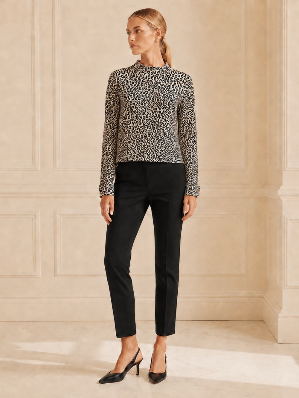 Ann Taylor Black & Cream Leopard-Print Mock Neck Long Sleeve Top